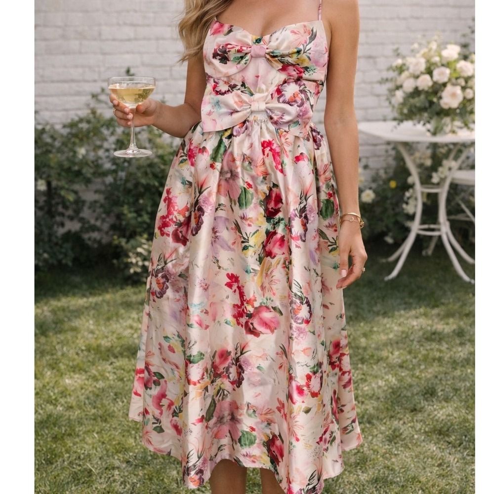 INA Fleeting Fauna Pink Floral Midi Dress Double Bow Smocked Back IDM11446 M J1